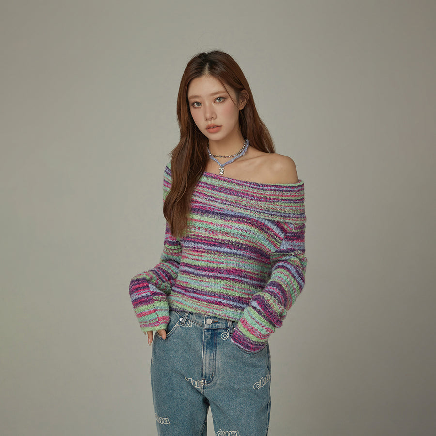 CHUU Off-Shoulder Color Stripe Knit Sweater