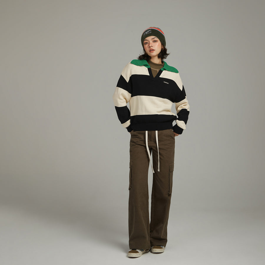 CHUU Open Collar Color Scheme Knit Sweater