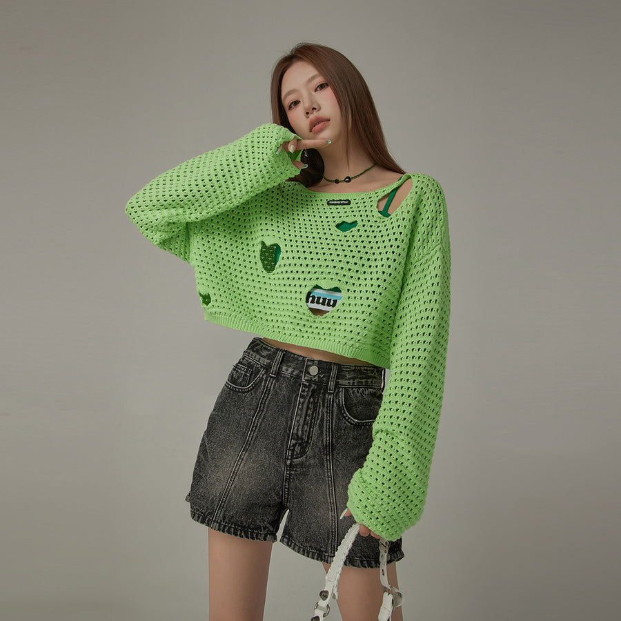 CHUU Heart Cutout Long Sleeve Crop Knit Sweater