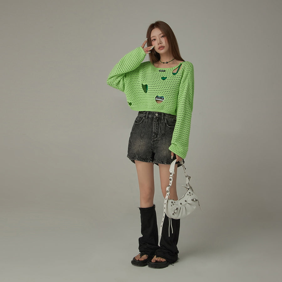 CHUU Heart Cutout Long Sleeve Crop Knit Sweater