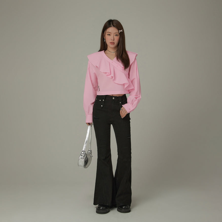 CHUU Asymmetrical Frill Big Collar Semi Crop Top