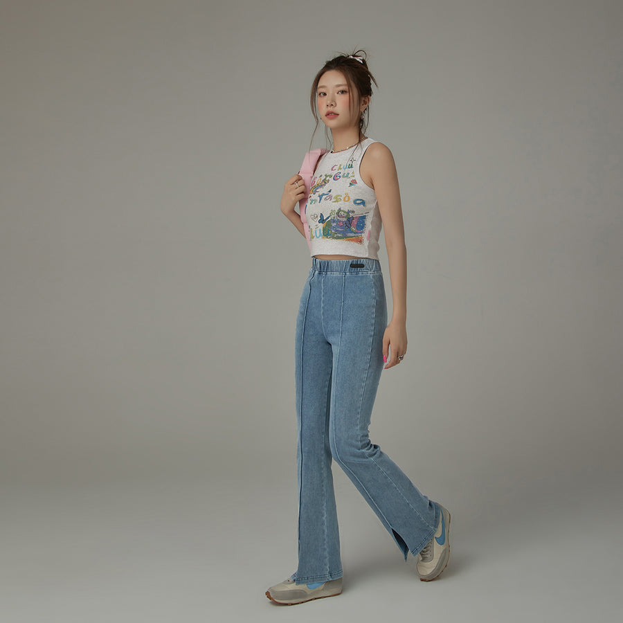 CHUU Elastic Waist Slit Semi Bootcut Pants