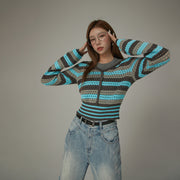 Button Stripe Color Knit Sweater