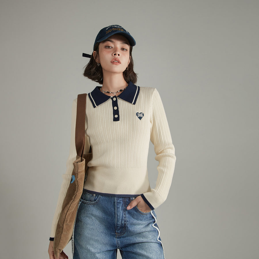 CHUU Polo Neck Color Combination Knit Top