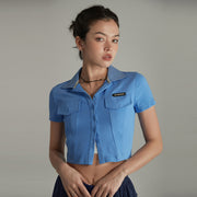 Colored Pocket Cropped Button Shirt