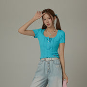 U-Neck Half Button Top