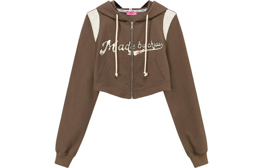 CHUU Lettering Cropped Sporty Zip-Up Hoodie