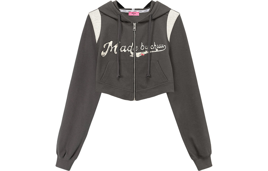 CHUU Lettering Cropped Sporty Zip-Up Hoodie