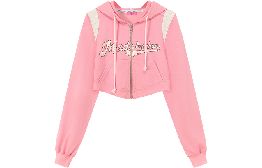 CHUU Lettering Cropped Sporty Zip-Up Hoodie