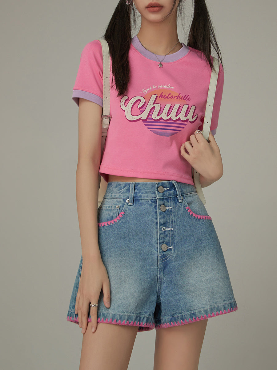 CHUU Color Line Button Denim Shorts