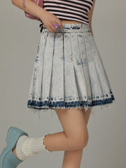 Raw Hem Denim Pleated Skirt