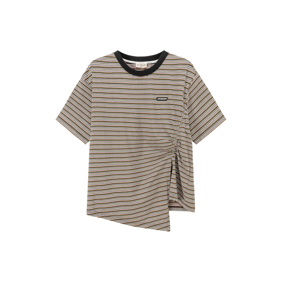 CHUU Striped Slit Shirring String T-Shirt