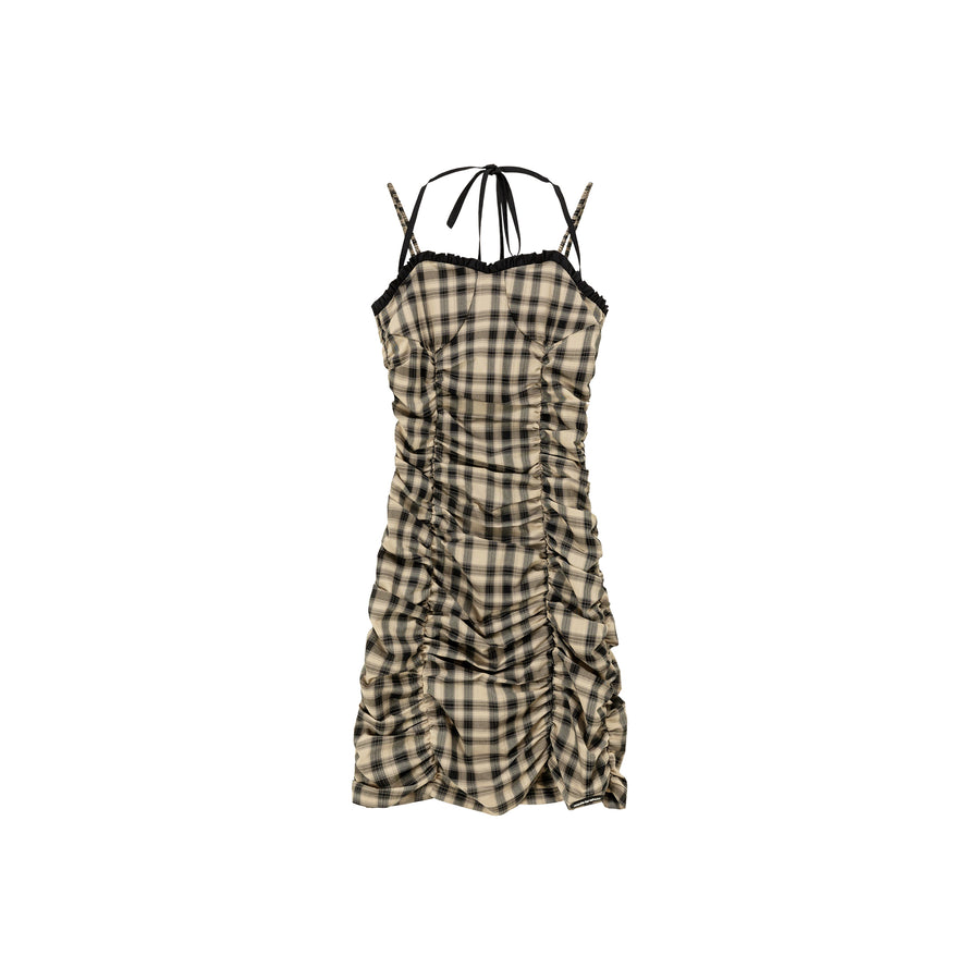 CHUU Check Sleeveless Halter Neck Shirring Dress