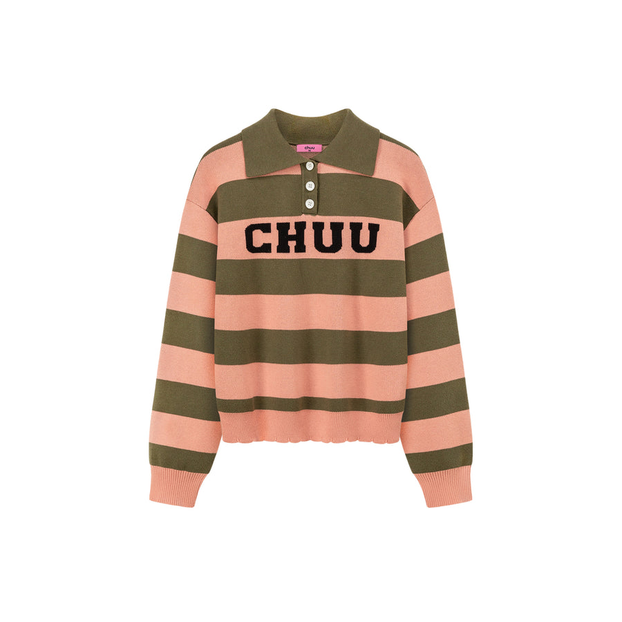 CHUU Polo Neck Striped Knit Top