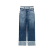 Roll Up Frayed Hem Wide Denim Jeans