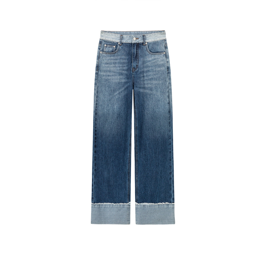 CHUU Roll Up Frayed Hem Wide Denim Jeans