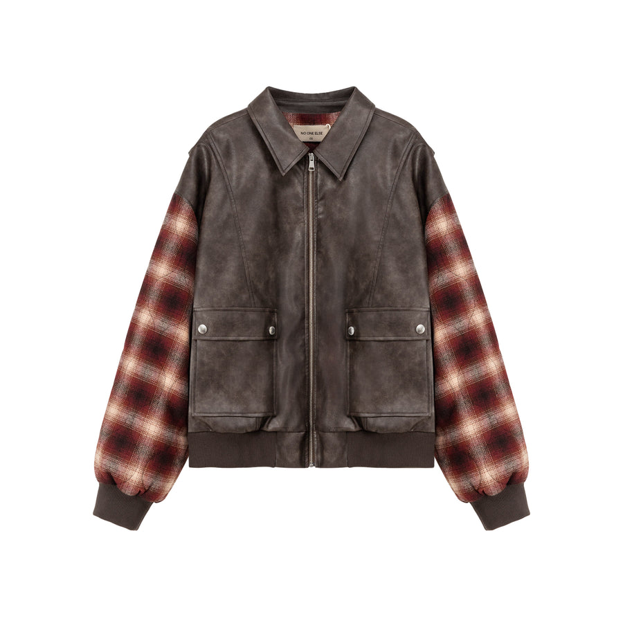 CHUU Check Color Combination Leather Jacket