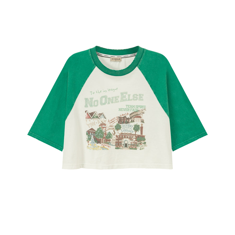 CHUU Raglan Color Crop Printed T-Shirt