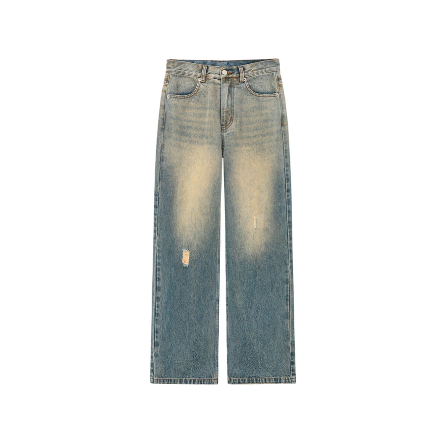 CHUU Stitched Ripped Washed Wide Denim Jeans