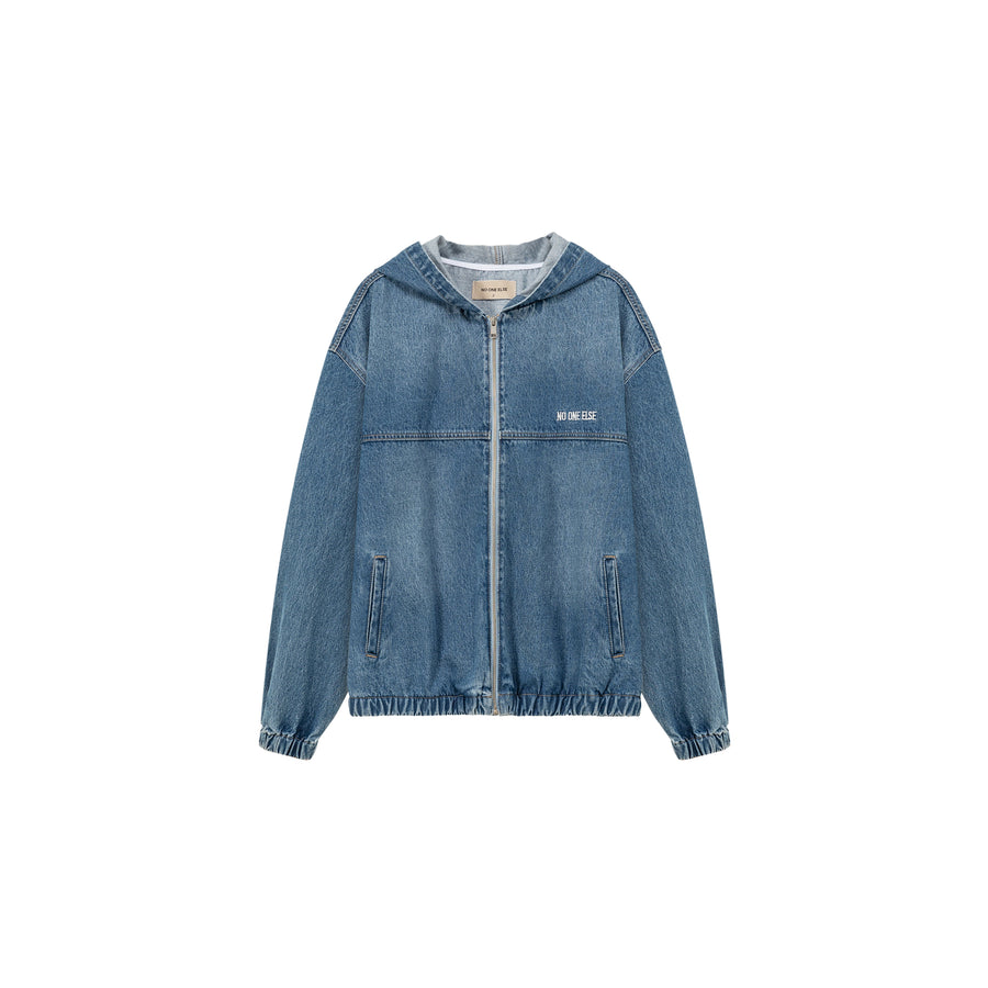 CHUU Embroidered Letter Denim Hooded Jacket