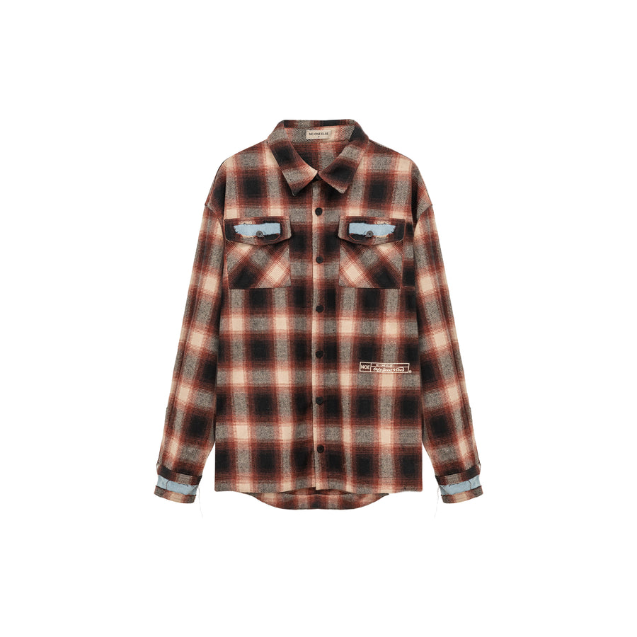 CHUU Distressed Checked Boxy Shirt