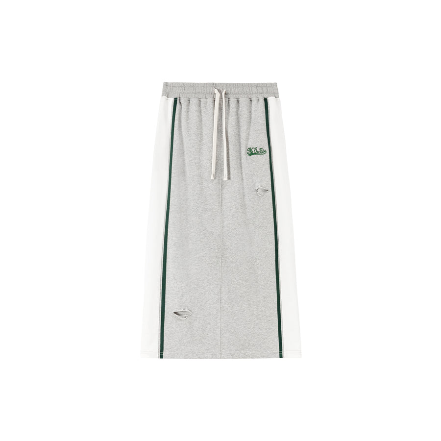 CHUU Vintage Distressed Colorblocked Drawstring Letter Embroidered Long Skirt