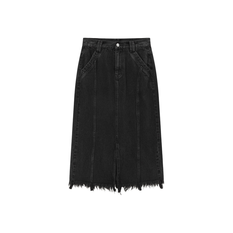 CHUU Slit Fringed Hem Long Skirt