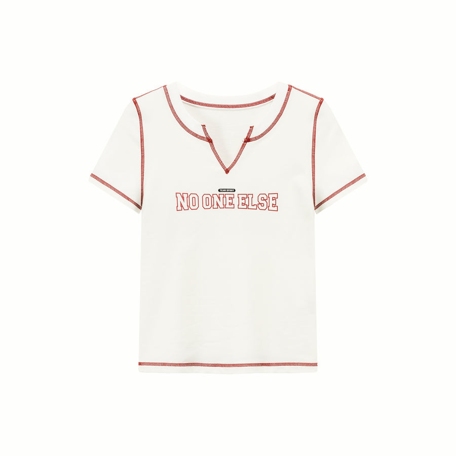 CHUU Noe Lettering V Neck Stitch Short Sleeve T-Shirt