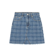 Checked Fringed Hem Denim Mini Skirt