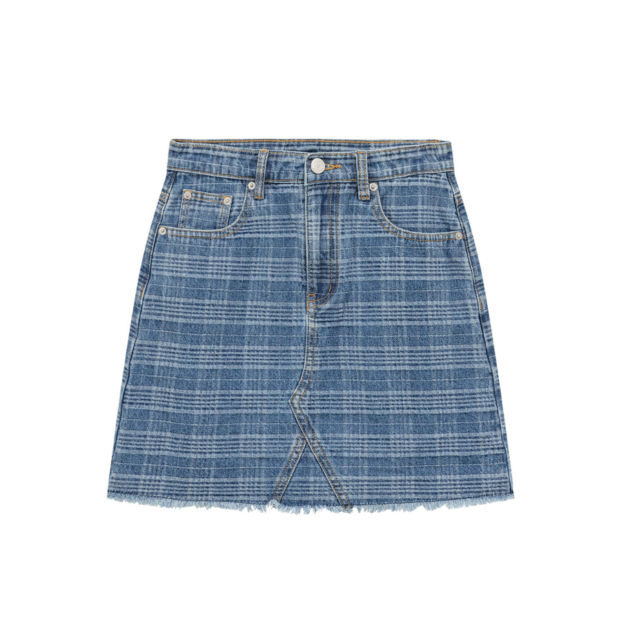 CHUU Checked Fringed Hem Denim Mini Skirt