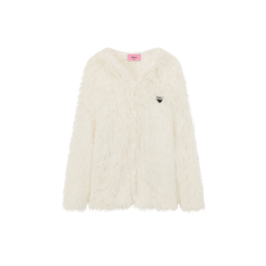 CHUU Embroidered Fuzzy Hooded Cardigan