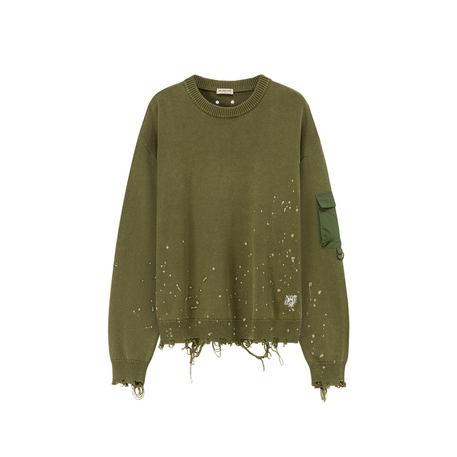 CHUU Pocket Paint Splatter Distressed Loose Fit Knit Sweater