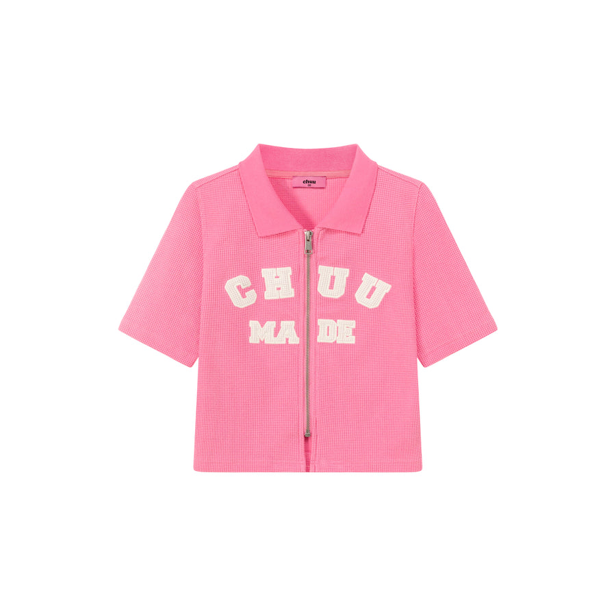 CHUU Logo Color Waffle Short Sleeve Zip-Up Top