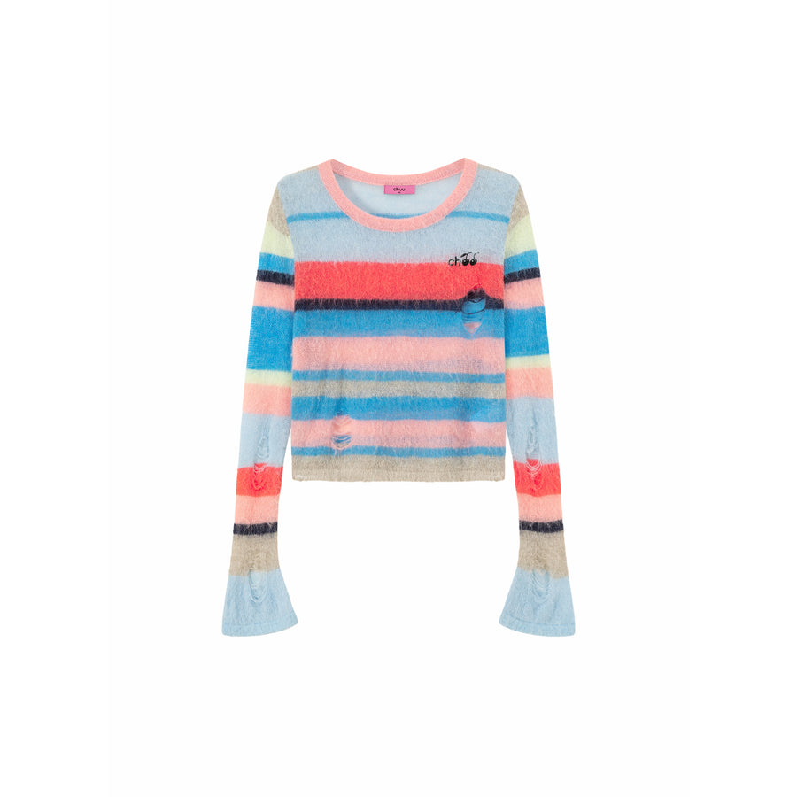 CHUU Rainbow Crop Ripped Stripe Knit Sweater