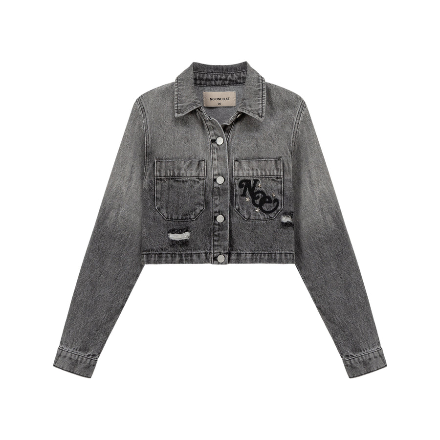 CHUU Logo Washed Embroidered Cropped Ripped Denim Jacket