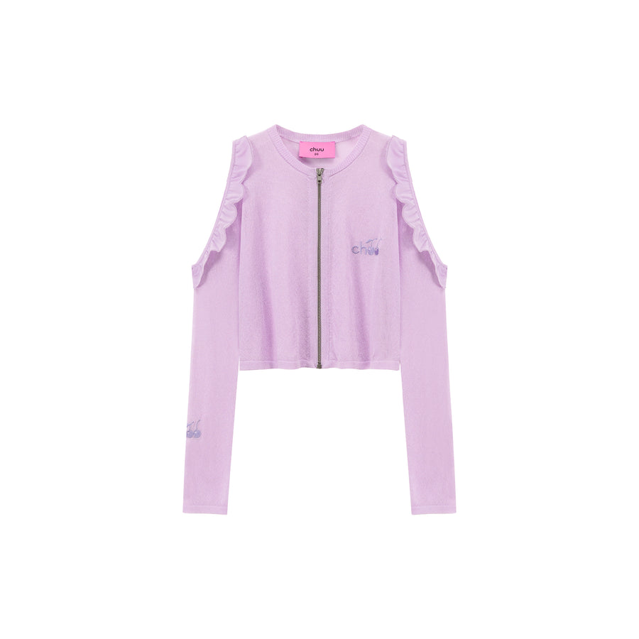 CHUU Frilly Off The Shoulder Zip-Up Cardigan