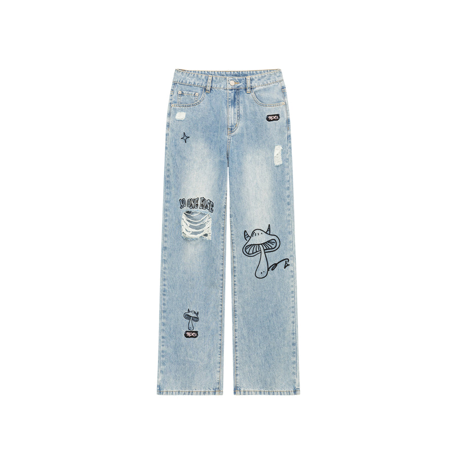 CHUU Mushroom Design Ripped Wide Denim Jeans