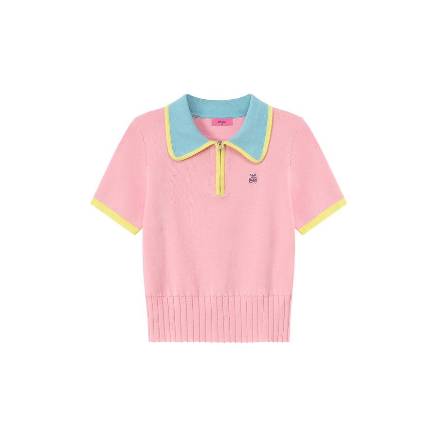 CHUU Color Contrast Half Zip Up Color Knit Top