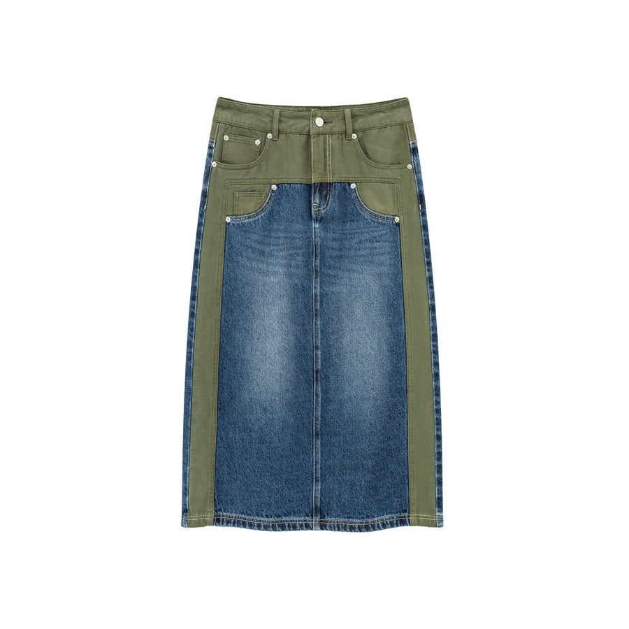 CHUU Two Toned Long Denim Skirt