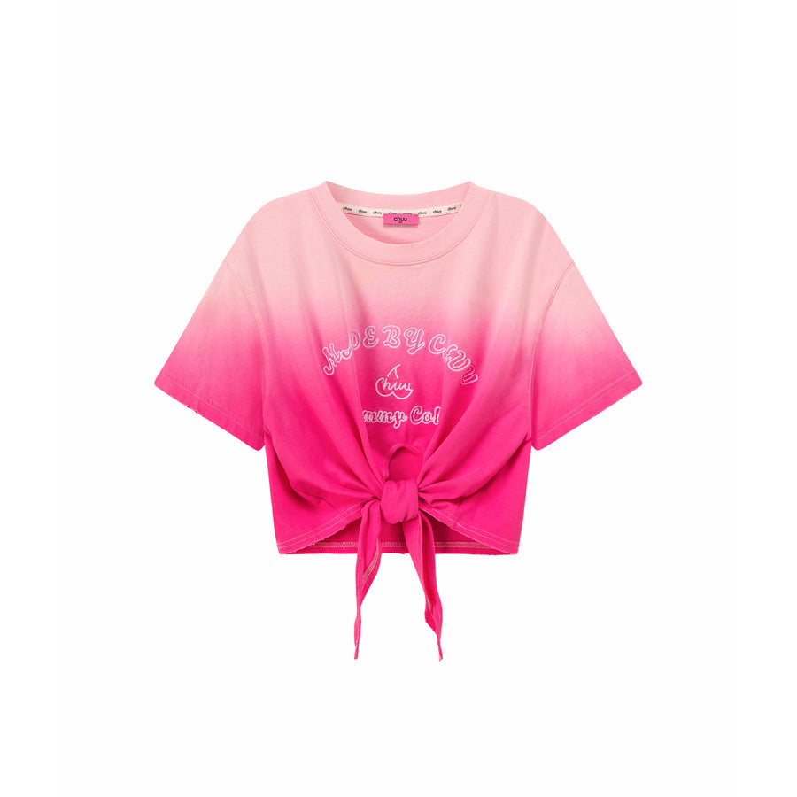 CHUU Gradient Short Sleeve Ribbon Tie Up Crop T-Shirt