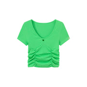 Color V-Neck Heart Keyhole Shirring Crop T-Shirt