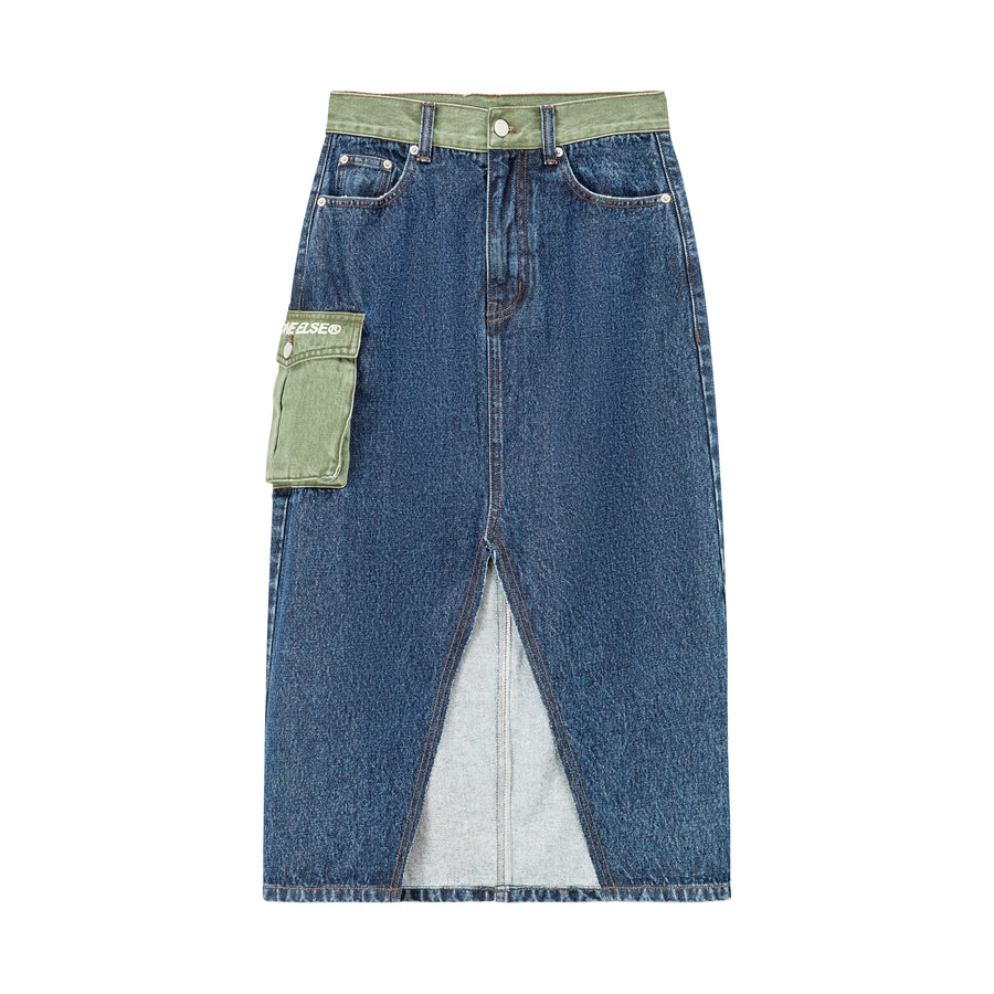 CHUU Pop Of Color Pocket Slit Long Denim Skirt