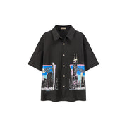 Cotton Boxy Pritned City Skyline Shirt