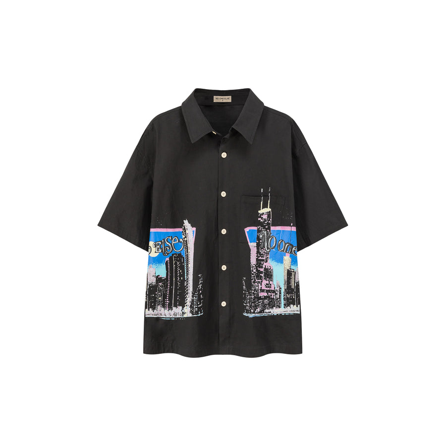 CHUU Cotton Boxy Pritned City Skyline Shirt