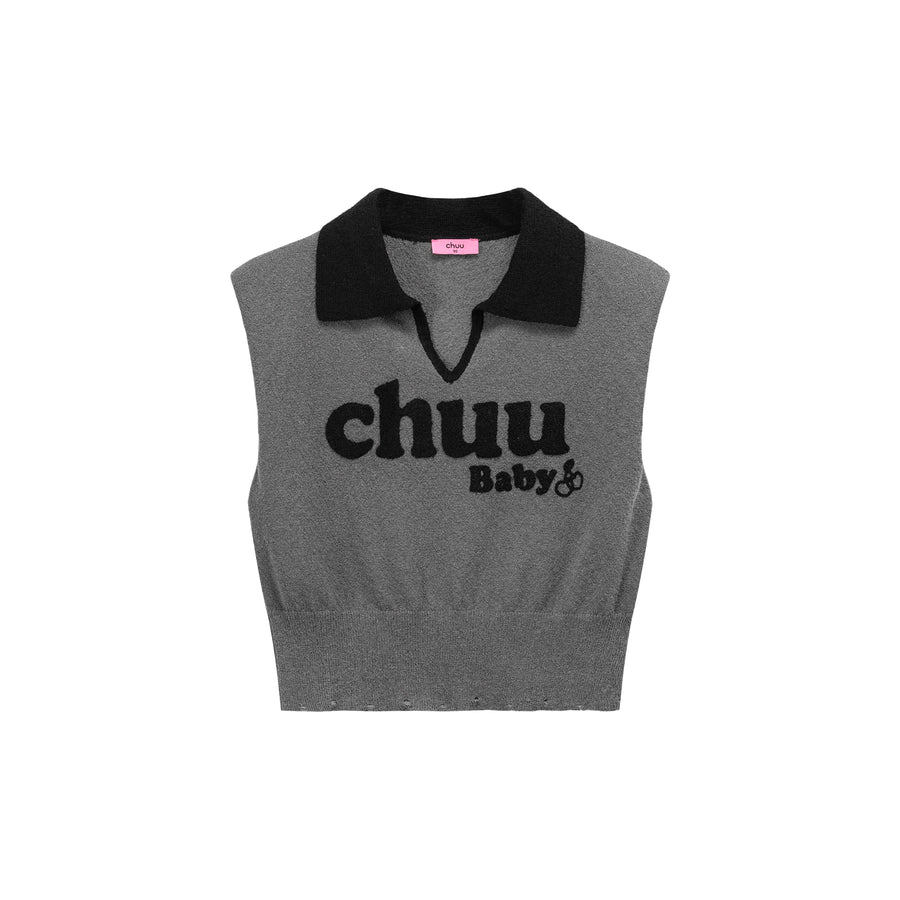 CHUU Logo Open Collar Cropped Knit Top