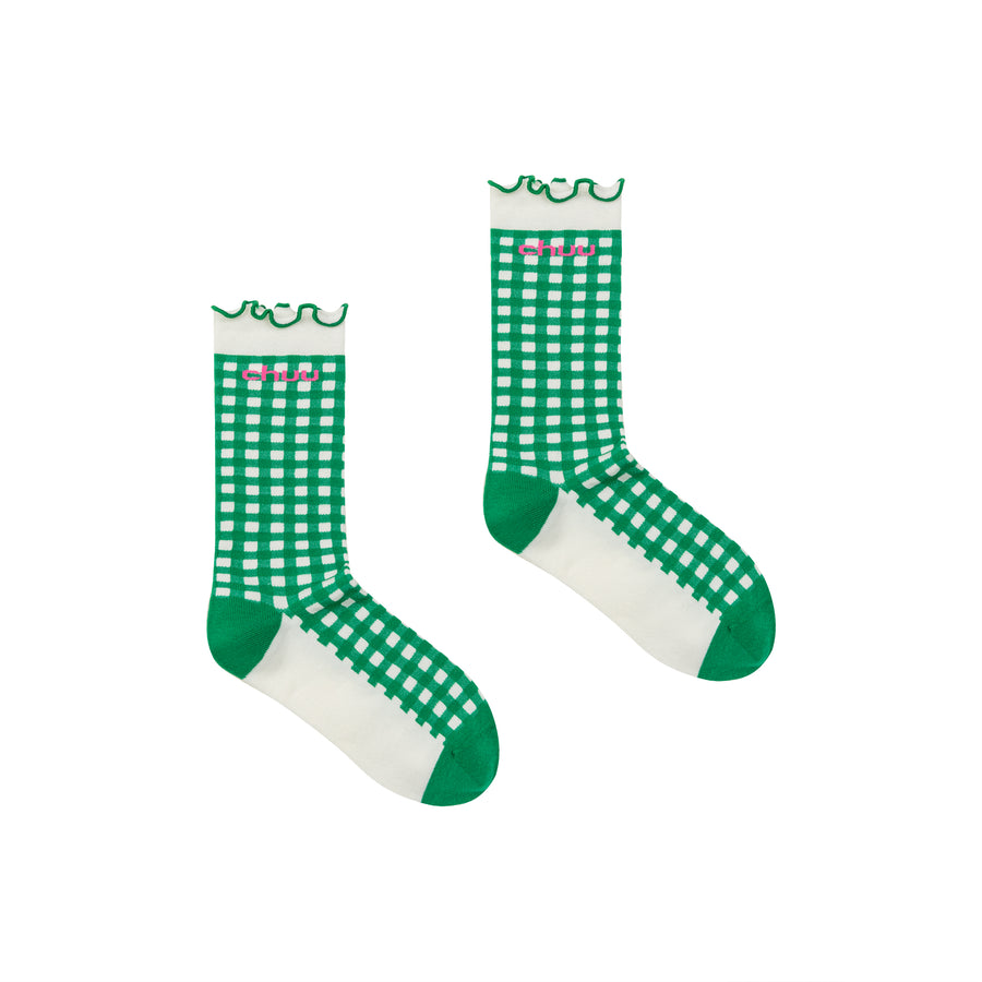 CHUU Ruffled Color Check High Socks