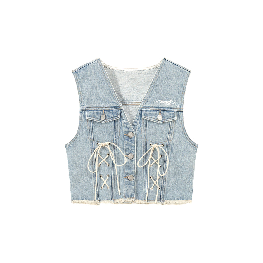 CHUU Lace Up Bow Denim Vest