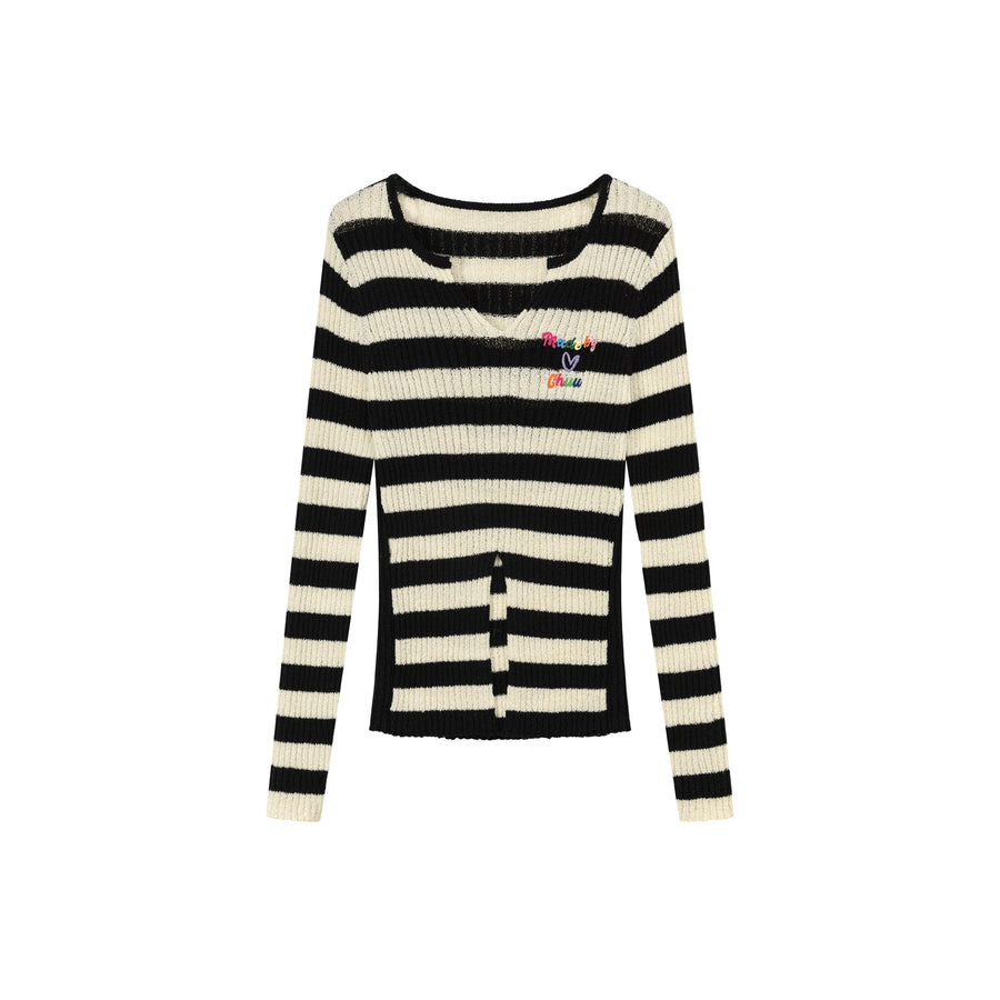 CHUU Slit Color Lettering Stripe Knit Sweater