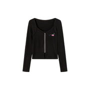 Cherry Embroidered Logo Zip-Up Top