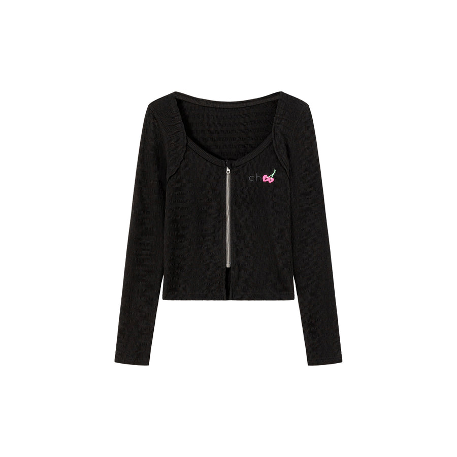 CHUU Cherry Embroidered Logo Zip-Up Top